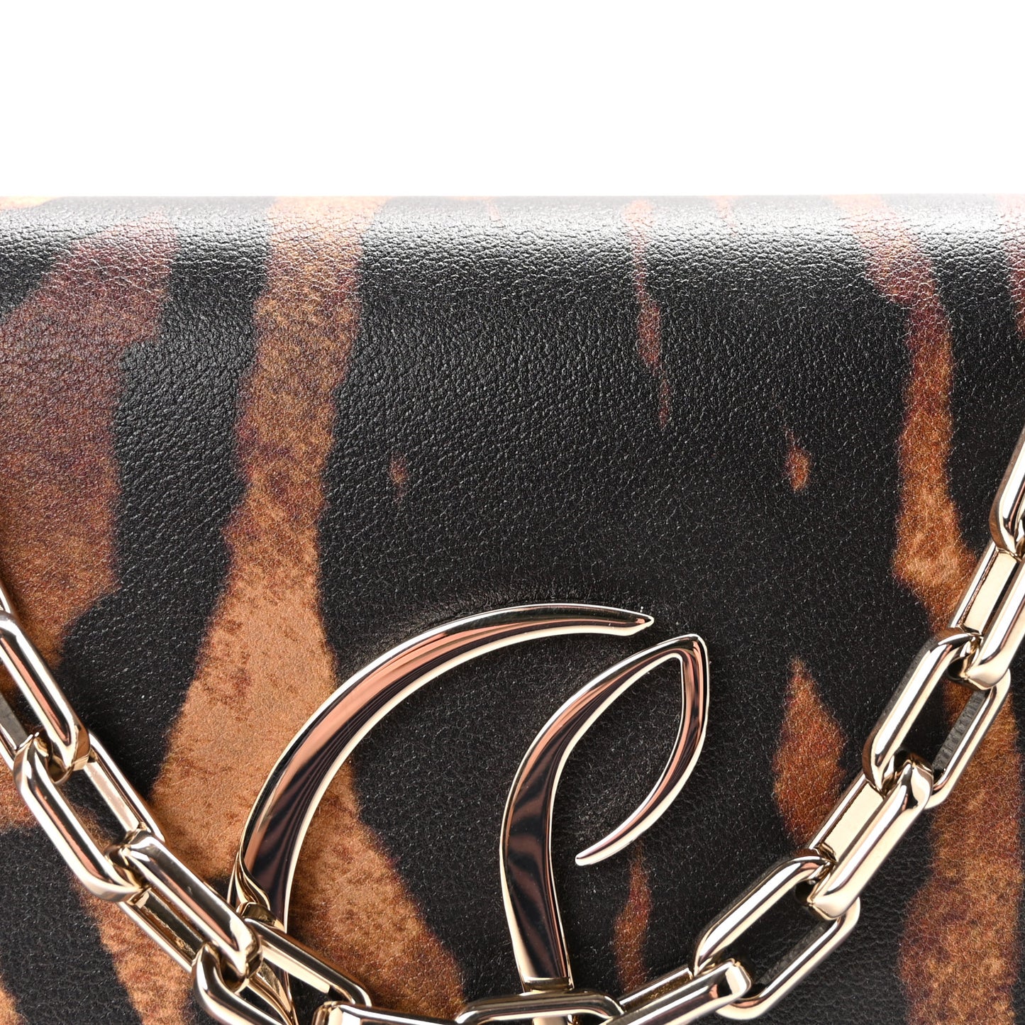 Calfskin Kitty Print Loubi54 Chain Clutch Brown Gold