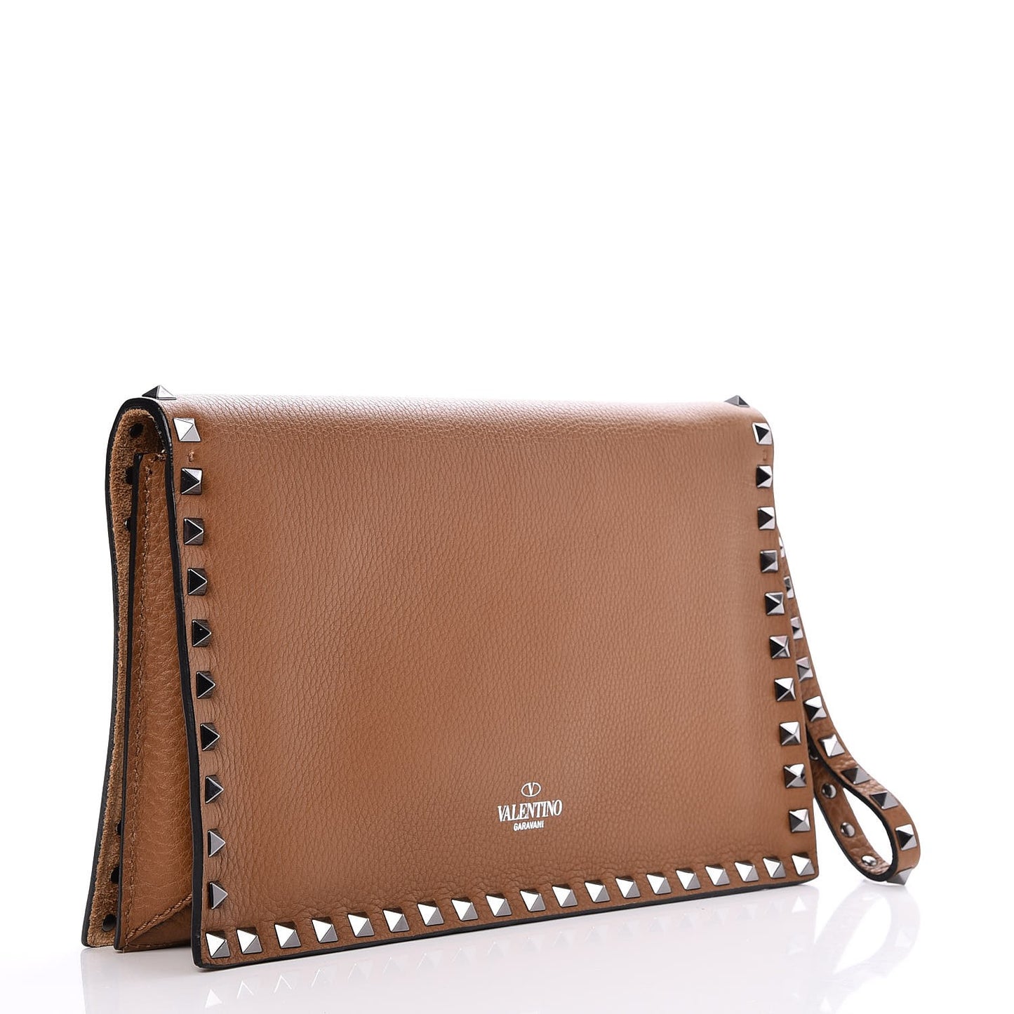 Pebbled Calfskin Rockstud Wristlet Clutch Brown