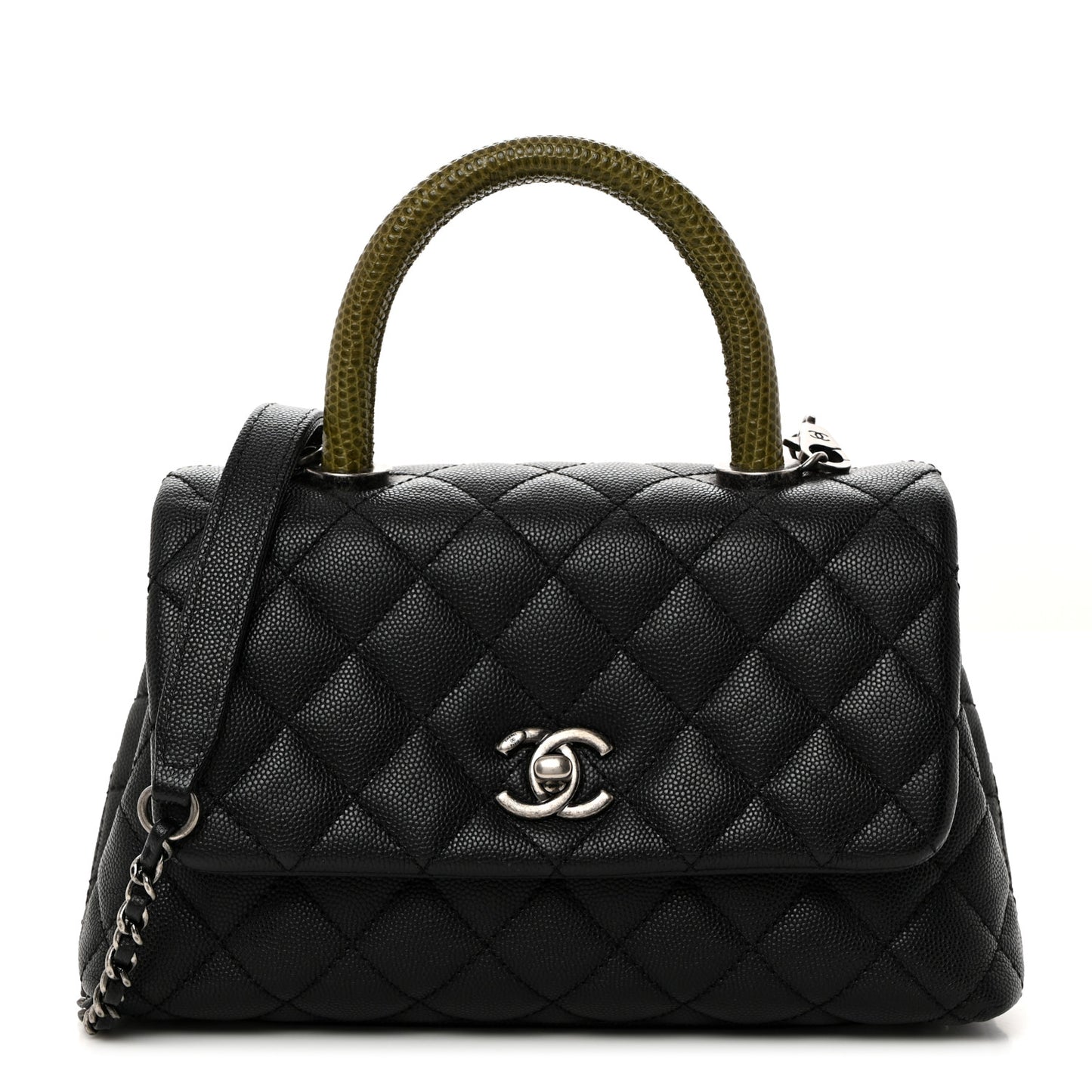 Caviar Lizard Quilted Mini Coco Handle Flap Black Khaki