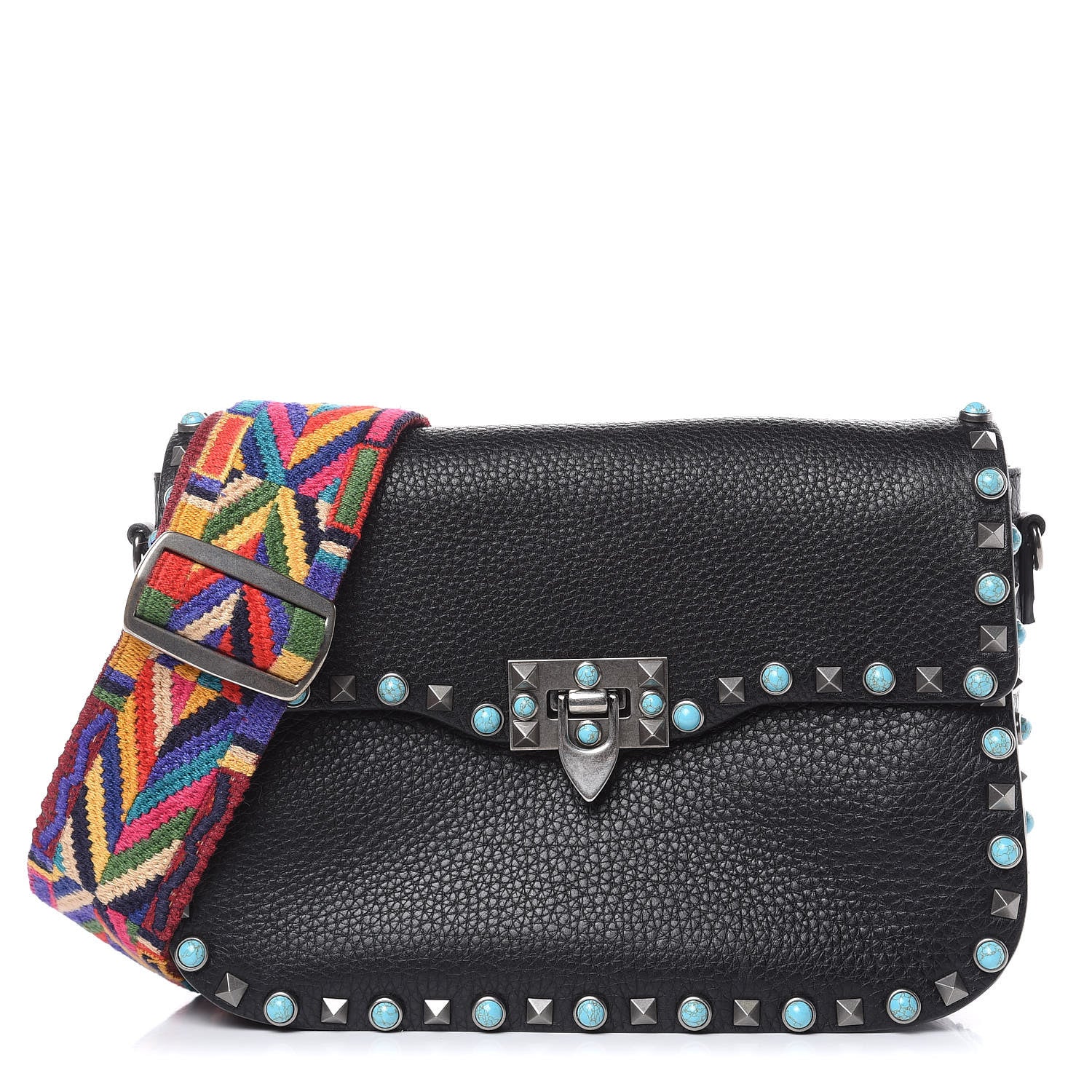 Valentino Garavani Pebbled Calfskin Turquoise Medium Guitar Strap Rockstud Rolling Flap Saddle Bag Black 1 of 11