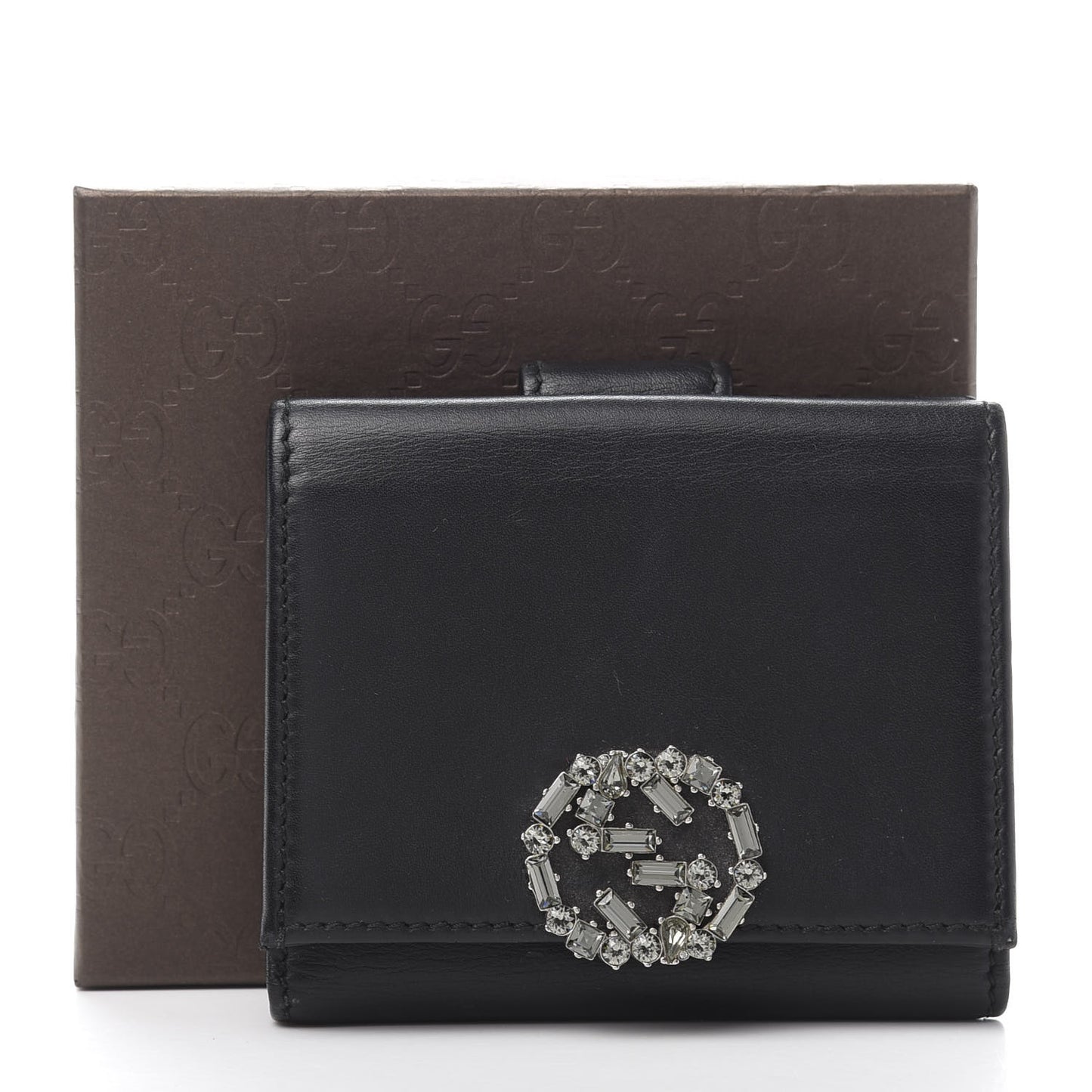 Calfskin Swarovski Crystal Mini GG Sparkling French Flap Wallet Black