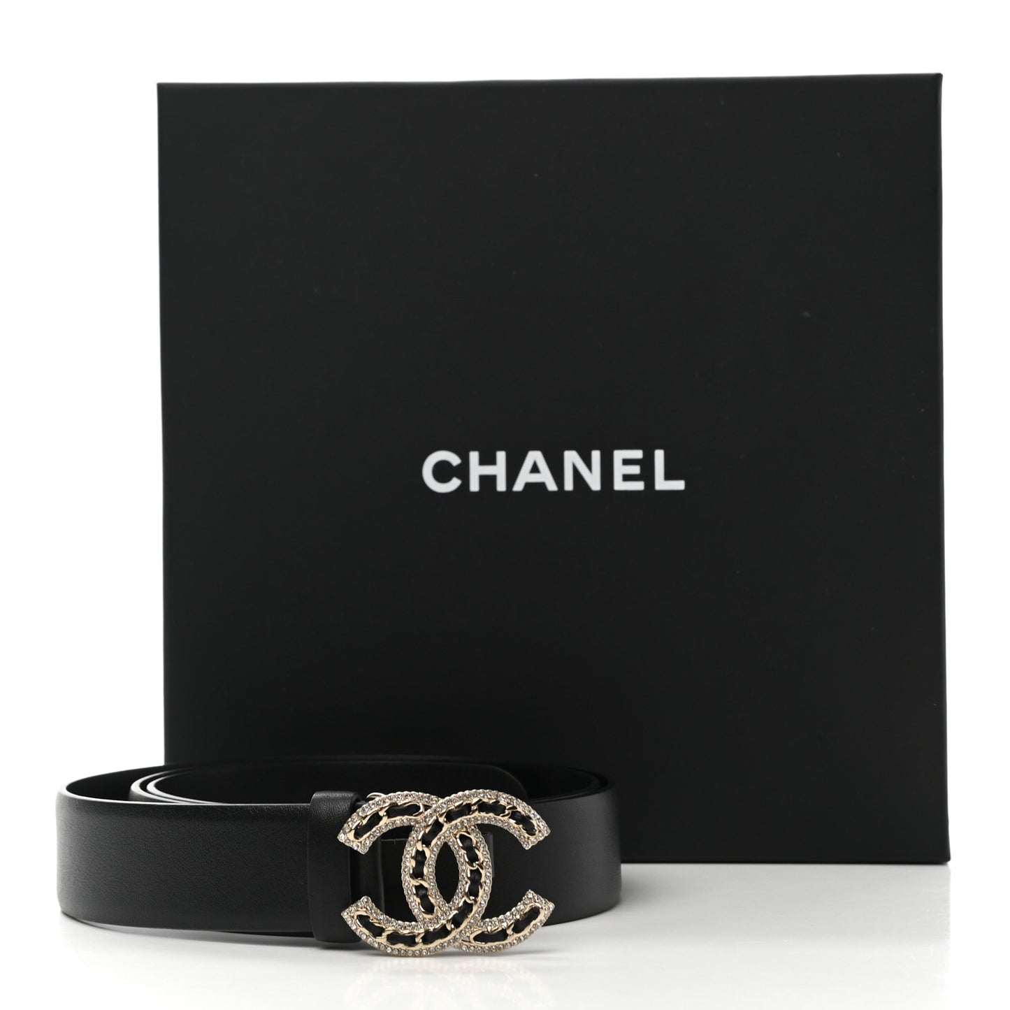 Lambskin Crystal Chain CC Belt 90 36 Black