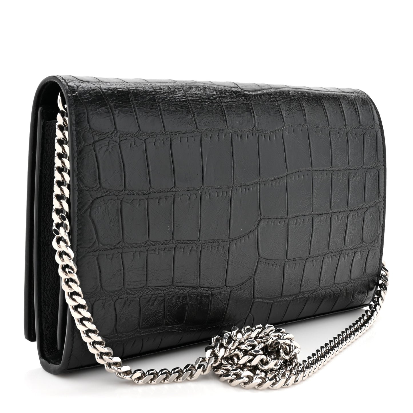 Calfskin Crocodile Embossed Monogram Chain Wallet Black