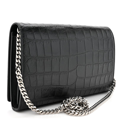 Saint Laurent Calfskin Crocodile Embossed Monogram Chain Wallet Black 3 of 9