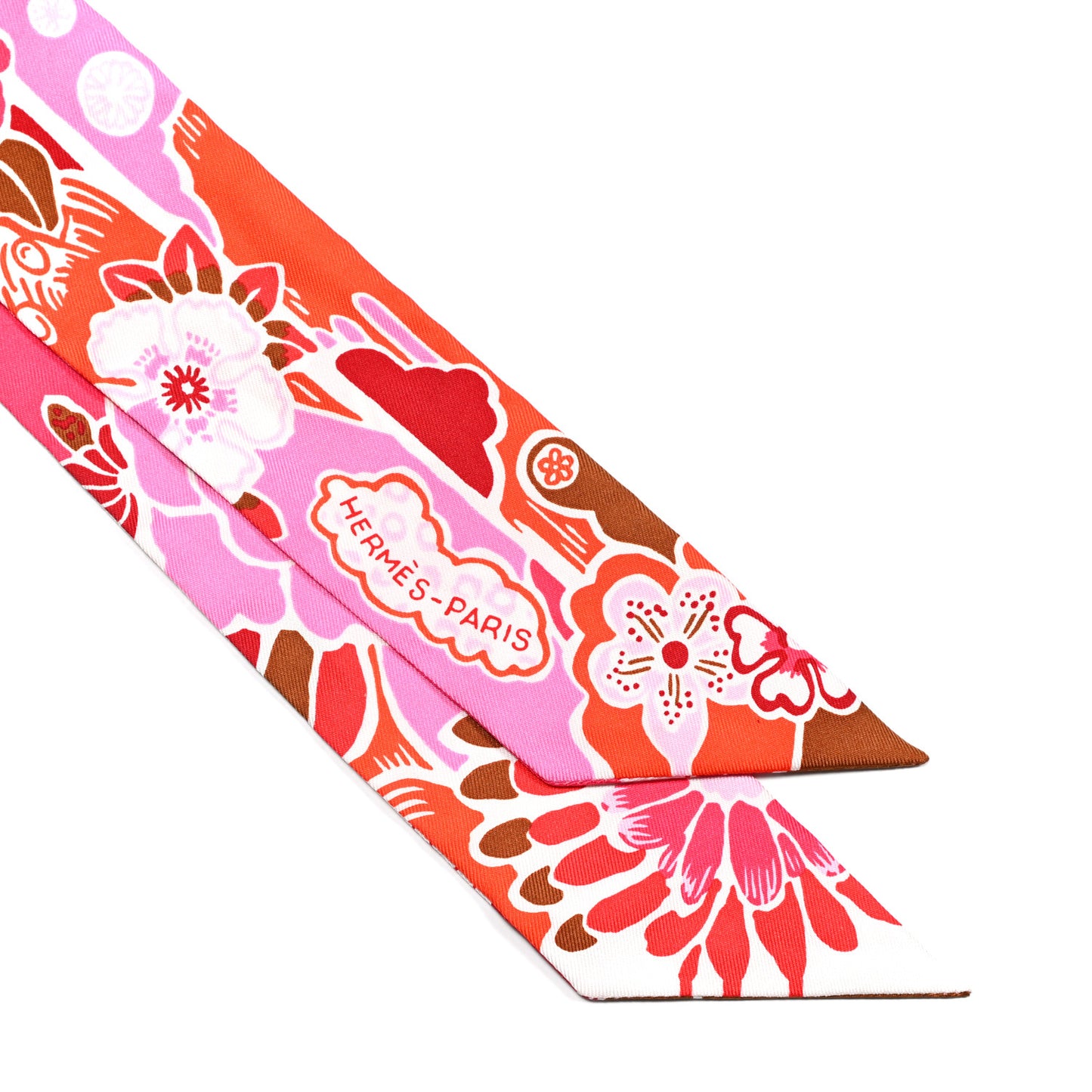 Silk Bingata Twilly Fuchsia Corail Brun