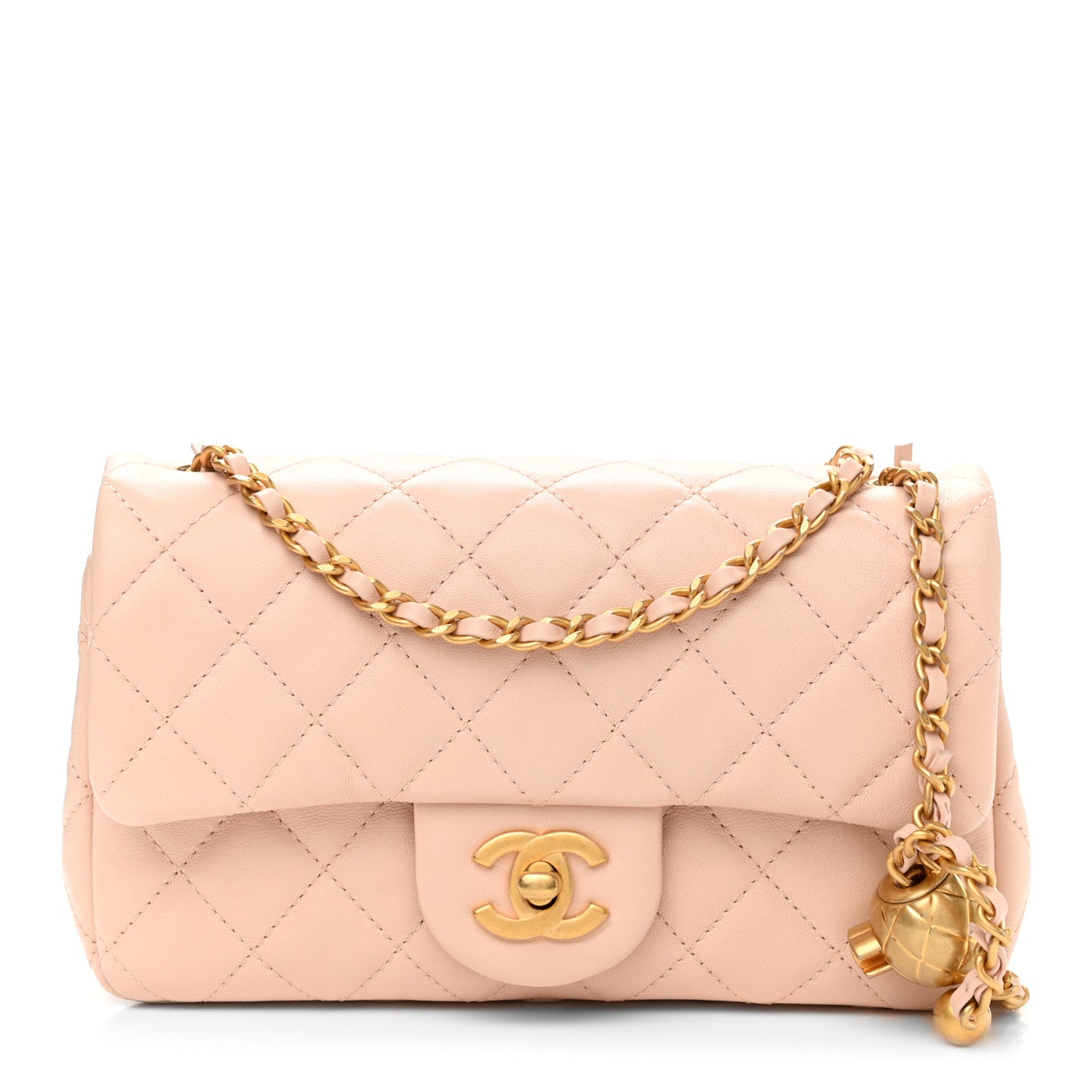 Lambskin Quilted Mini Rectangular Pearl Crush Flap Light Beige