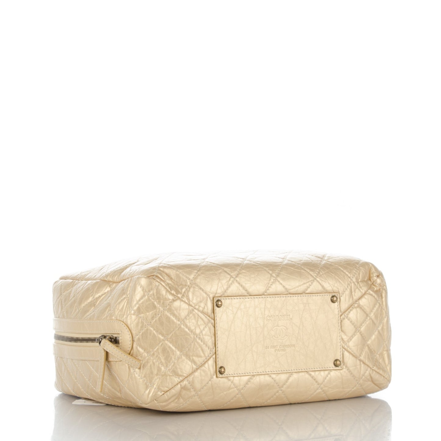 Metallic Aged Calfskin Quilted Large Secret Tag Bowling Bag Gold