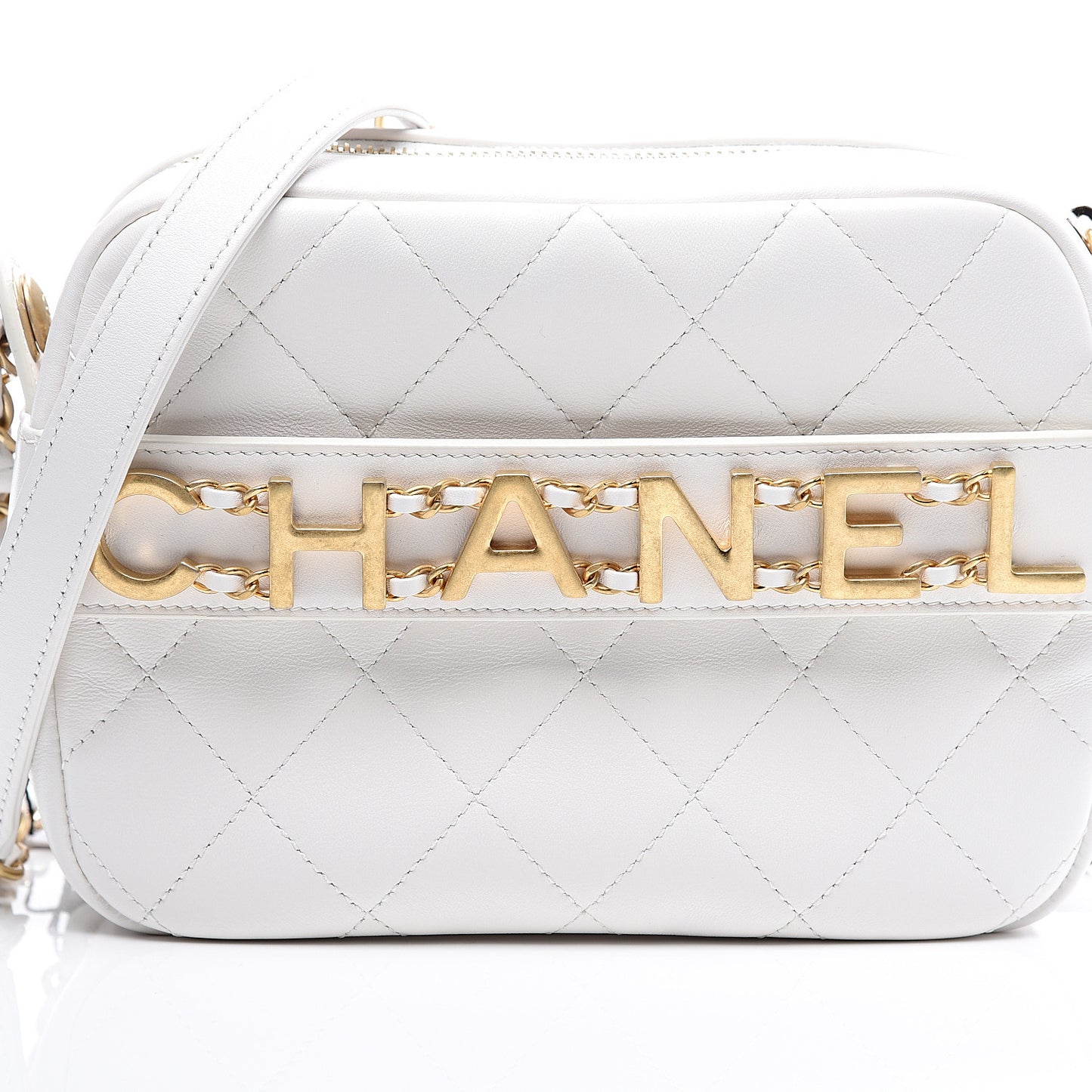 Calfskin Quilted Enchained Camera Case Bag White
