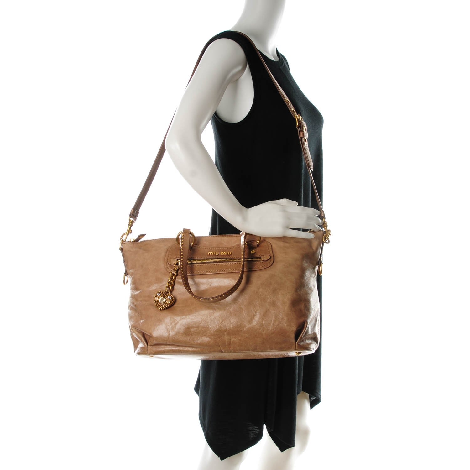 Miu Miu Vitello Lux Crystal Heart Charm Tote Beige 2 of 8