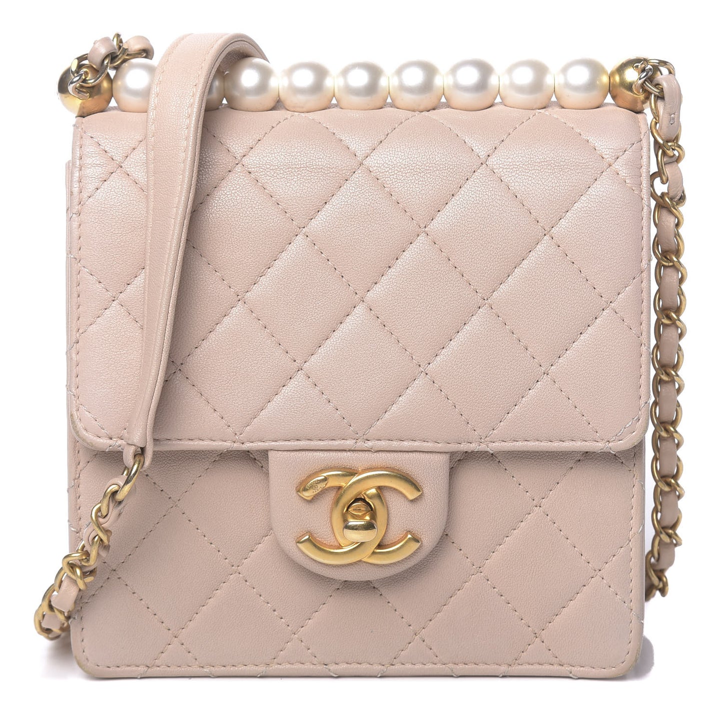 Lambskin Quilted Chic Pearls Flap Beige