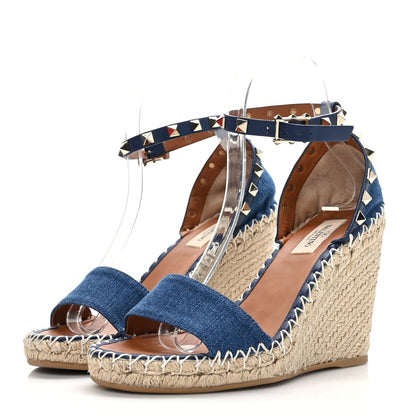 Valentino Garavani Denim Rockstud Ankle Strap Espadrille 15/105mm Wedge Sandals 37 Light Denim 3 of 7