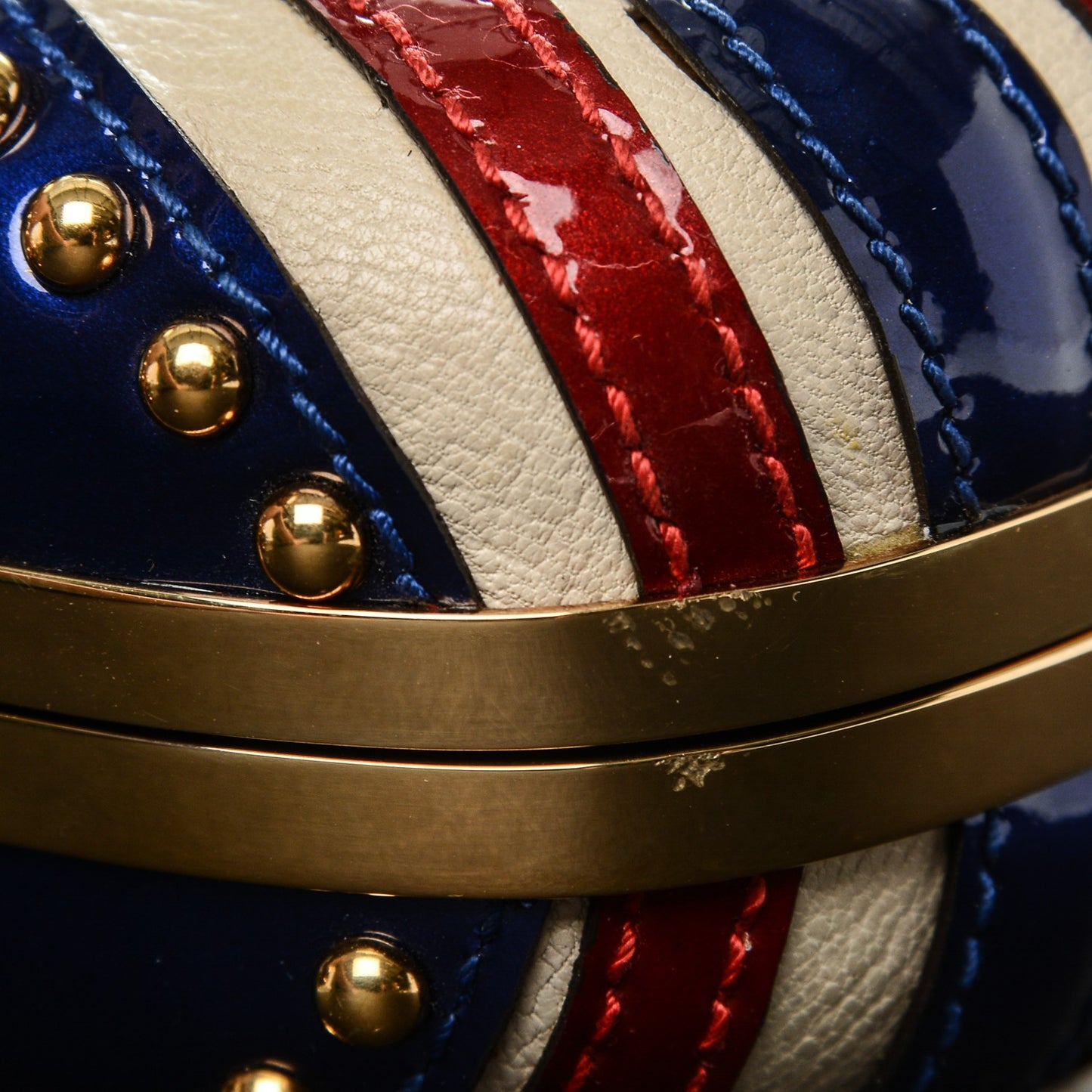 Patent Calfskin Studded Britannia Skull Box Clutch Red Blue