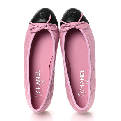Chanel Lambskin Quilted CC Cap Toe Ballerina Flats 37 Light Pink Black 2 of 11