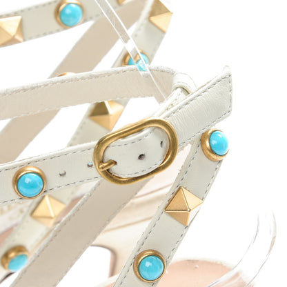 Valentino Garavani Pebbled Calfskin Turquoise Rockstud Rolling Ankle Strap 100mm Pumps 36 Ivory 4 of 9