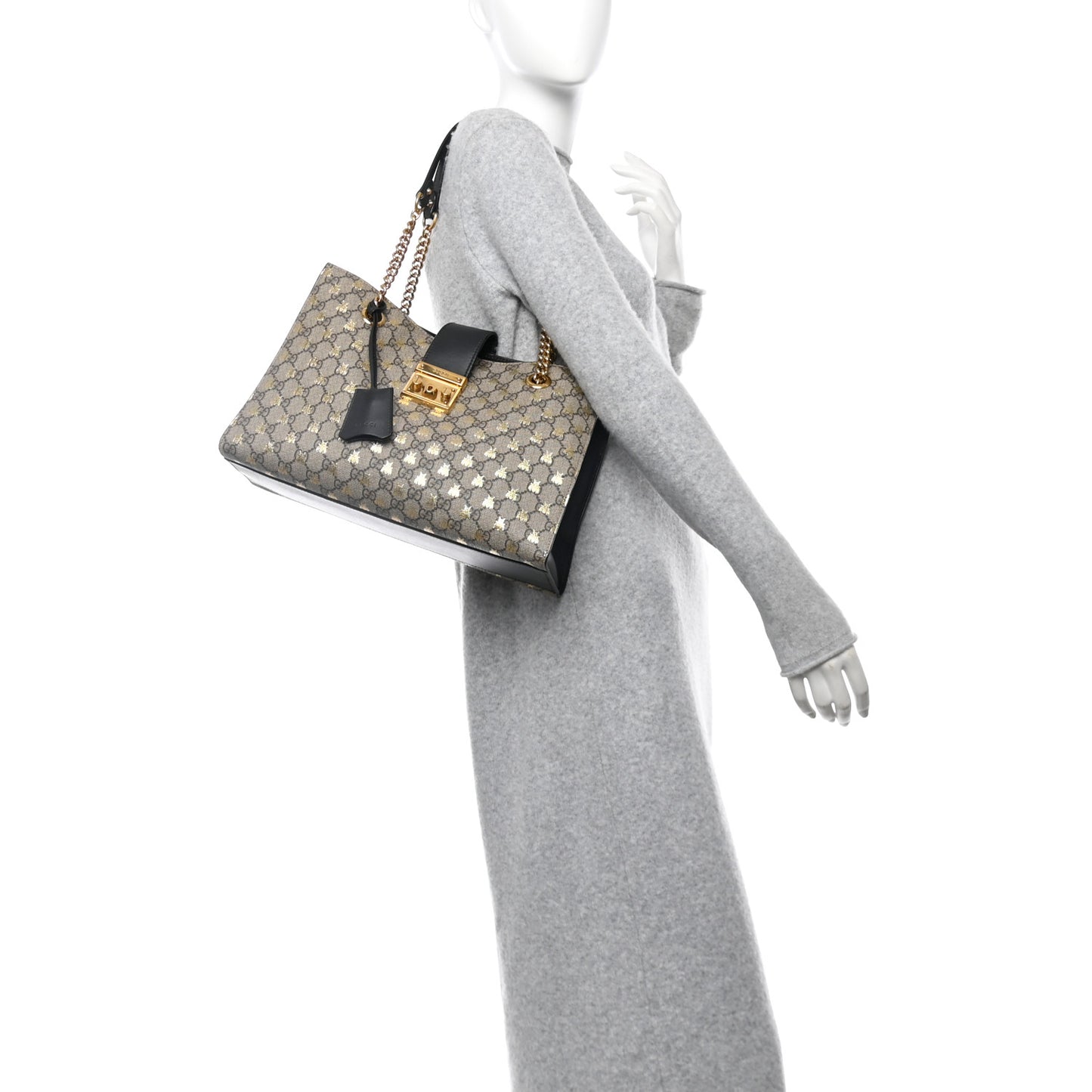 GG Supreme Monogram Bees Medium Padlock Tote Beige Oro Black