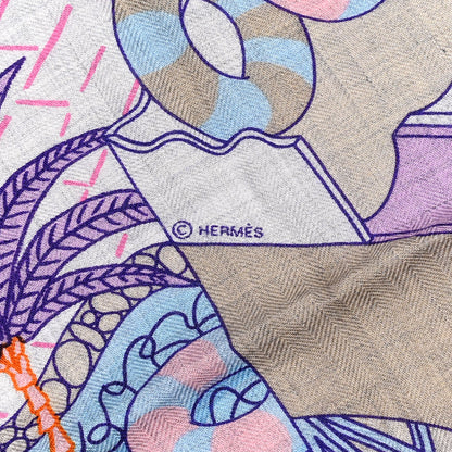 Hermes Cashmere Silk Splash Park Shawl 140 Gris Chine Bleu Jaune 2 of 4