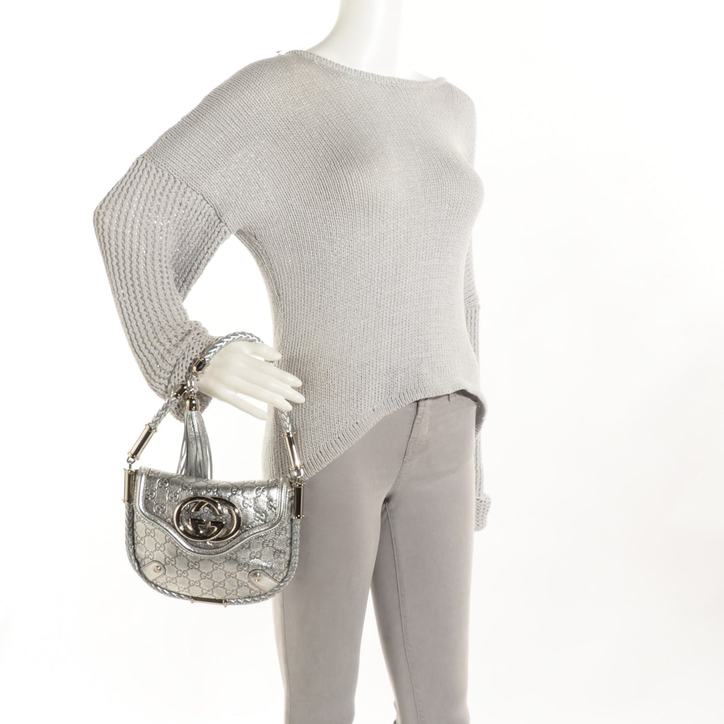 Guccissima Small Britt Tassel Shoulder Bag Silver