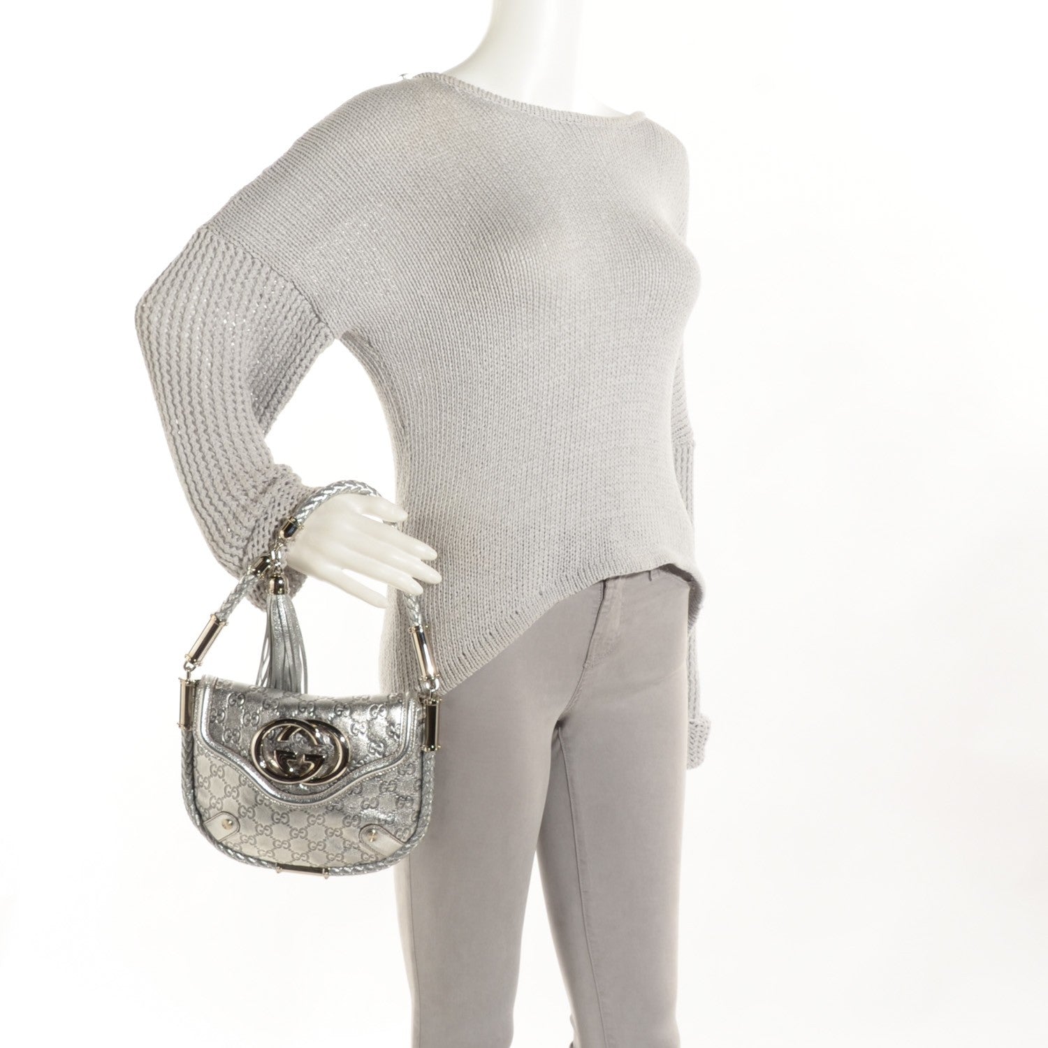 Gucci Guccissima Small Britt Tassel Shoulder Bag Silver 2 of 7