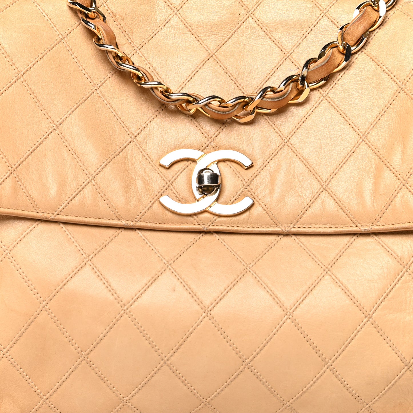 Lambskin Stitched Medium Single Flap Beige