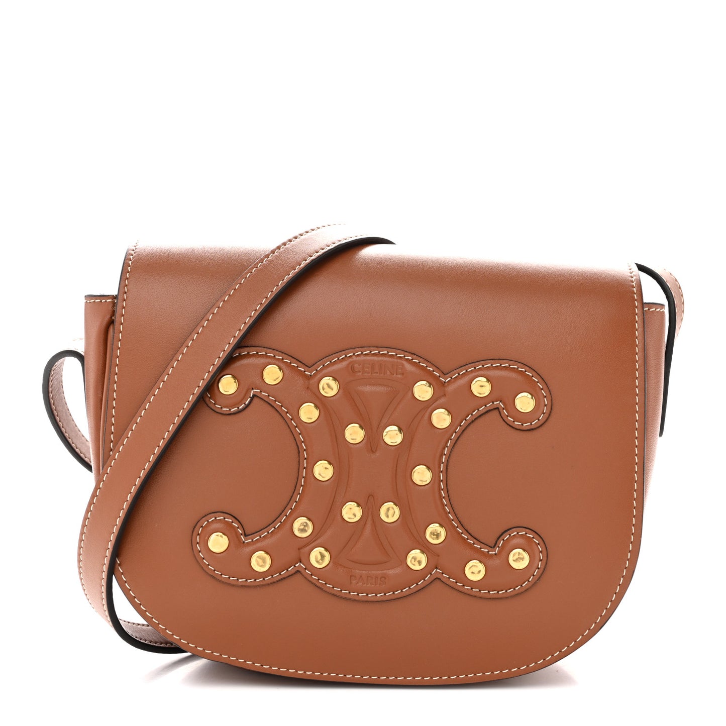 Smooth Calfskin Studded Cuir Triomphe Folco Crossbody Bag Tan