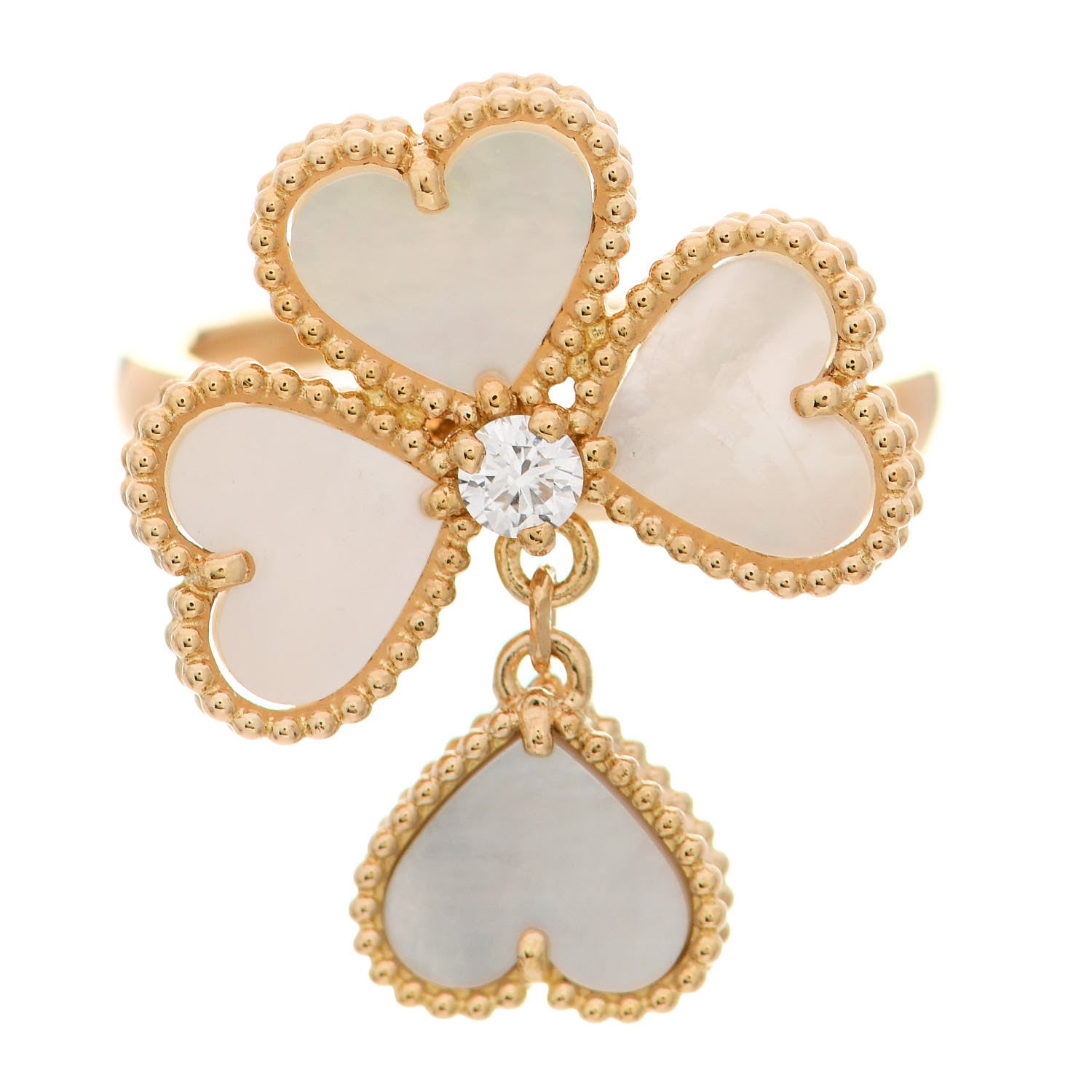 Van Cleef & Arpels 18K Yellow Gold Diamond Mother of Pearl Sweet Alhambra Effeuillage Ring 52 6 1 of 5
