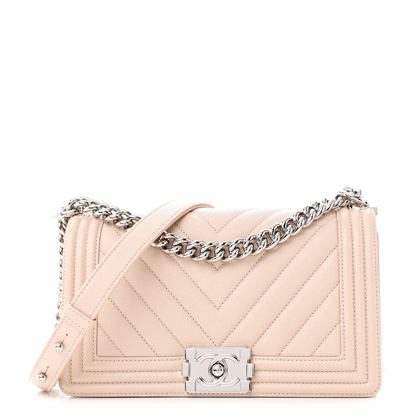 Caviar Chevron Quilted Medium Boy Flap Light Beige