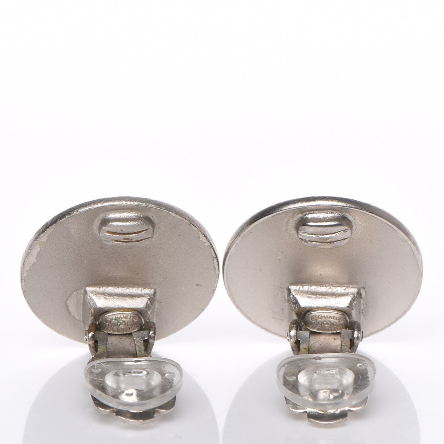 Metal Round CC Clip On Earrings Silver