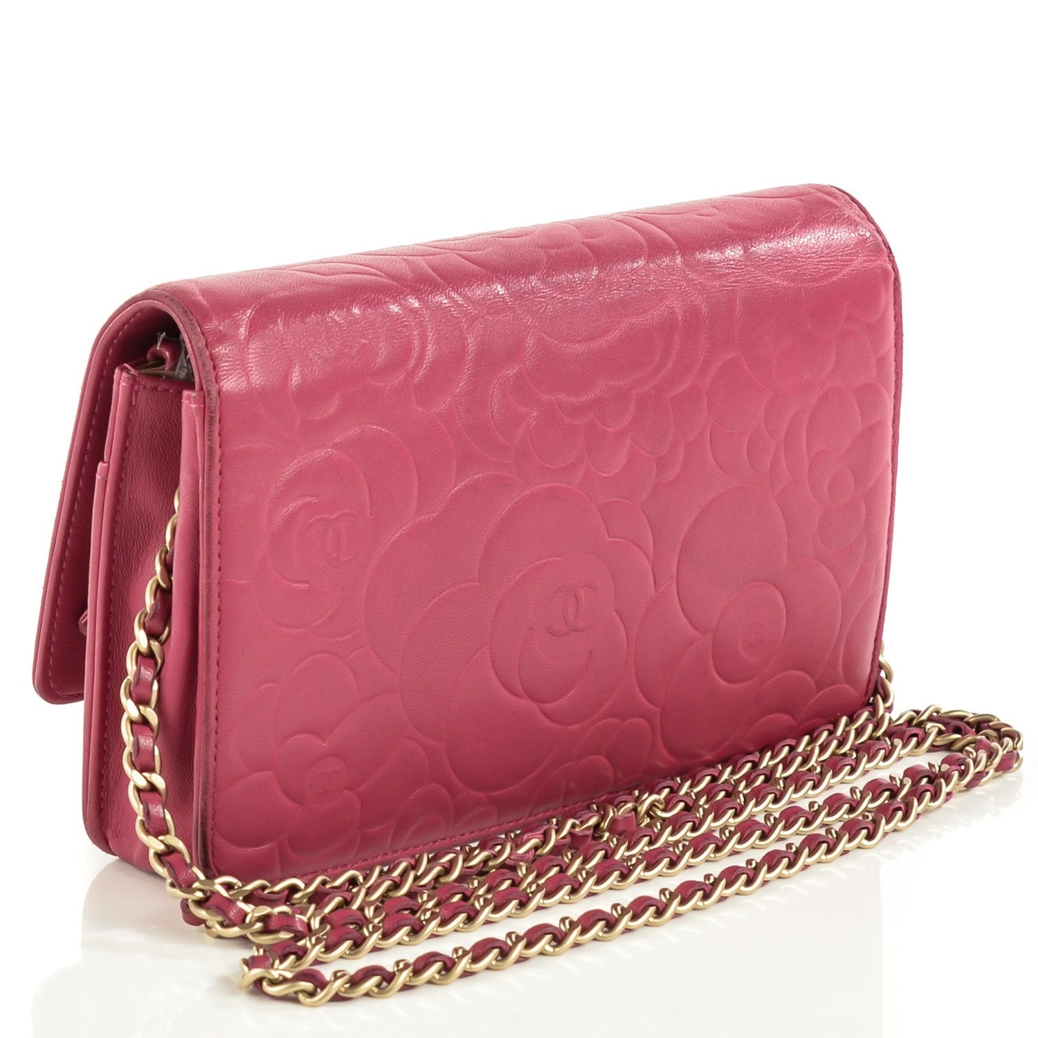Chanel Lambskin Camellia Embossed Wallet On Chain WOC Pink 3 of 9
