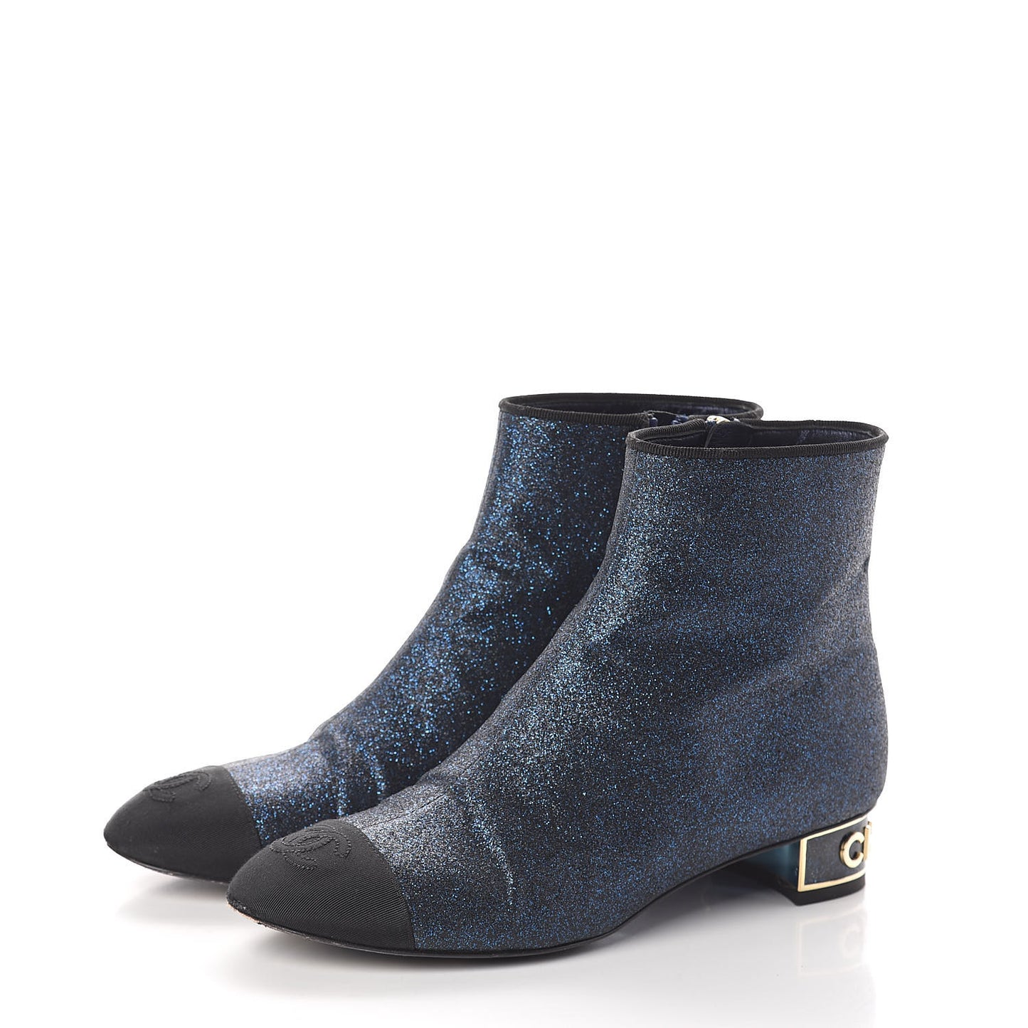 Sequin Grosgrain Cap Toe Short Boots 36.5 Navy Black