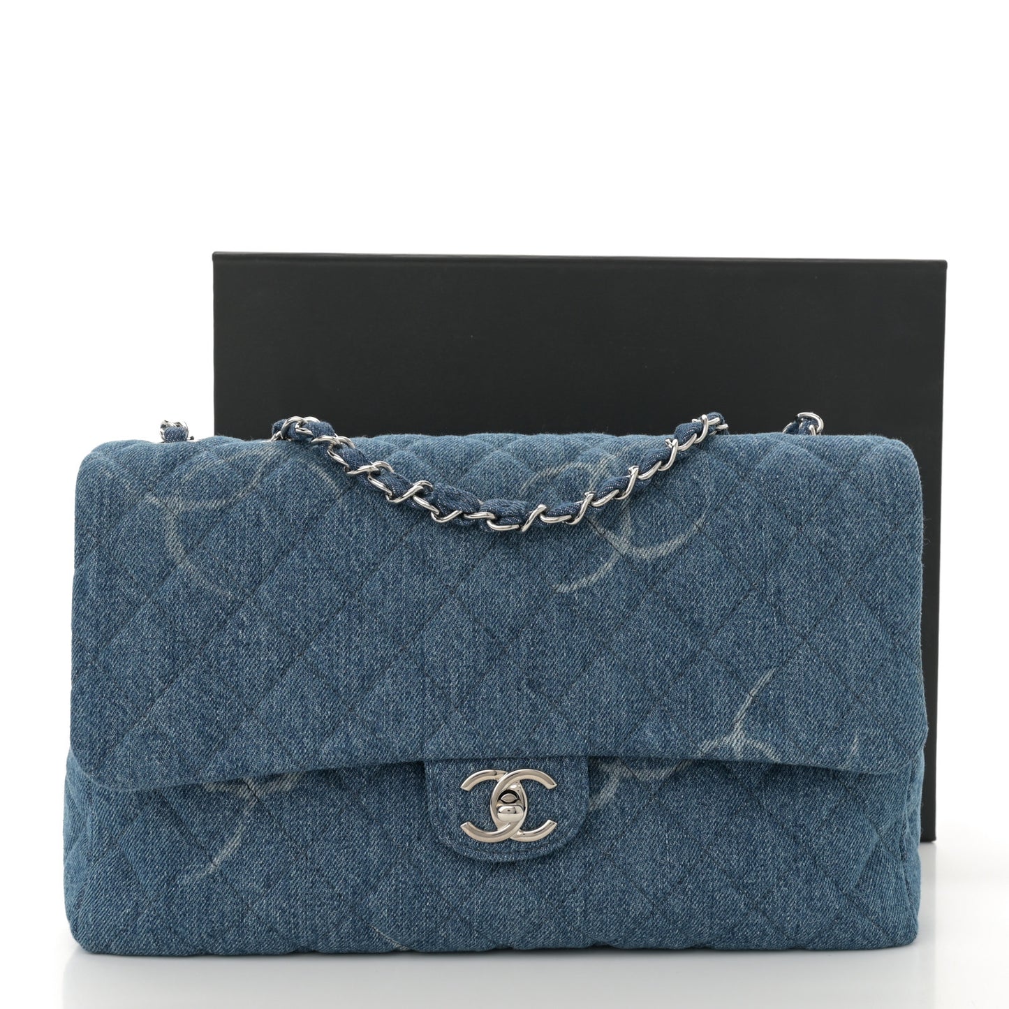 Denim Quilted CC Print Jumbo Single Flap Blue