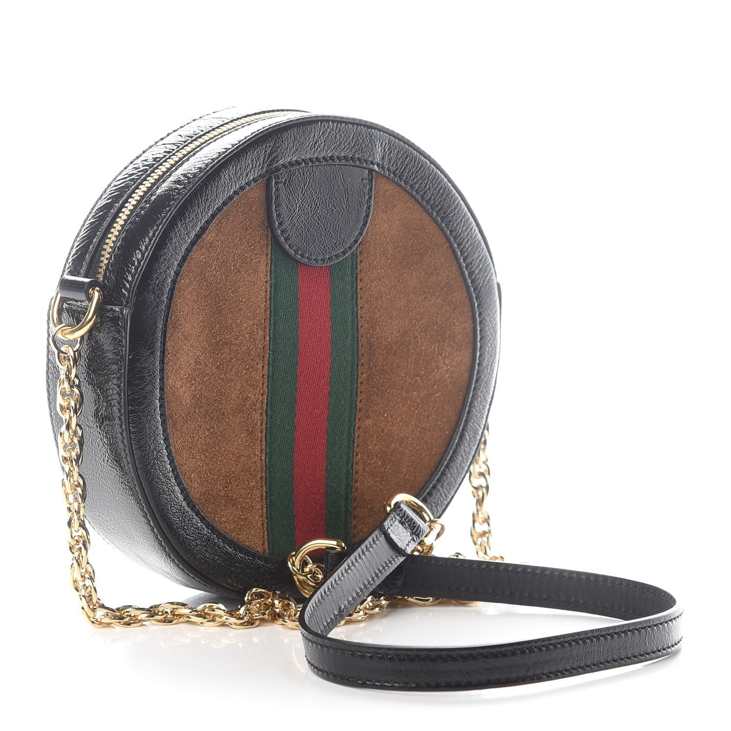 Gucci Suede Patent Web Mini Ophidia Round Shoulder Bag Nocciola Black 3 of 7