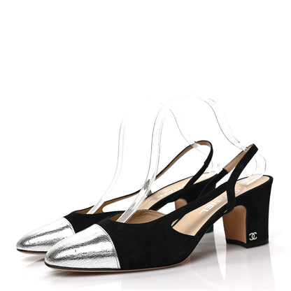 Chanel Kid Suede Metallic Lambskin Cap Toe CC Slingback Pumps 41 Black Silver 3 of 6