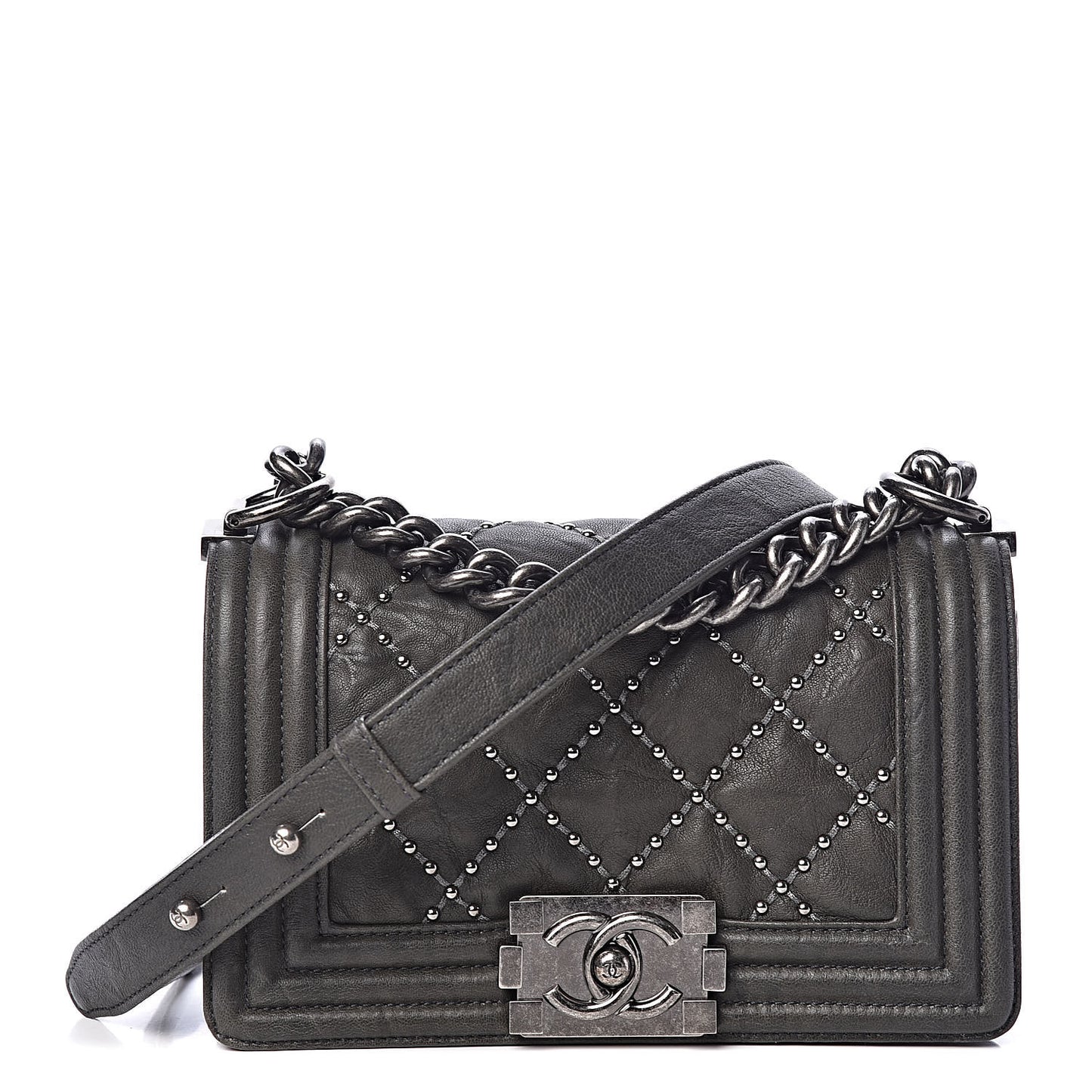 Crumpled Lambskin Small Studded Boy Flap Dark Gray