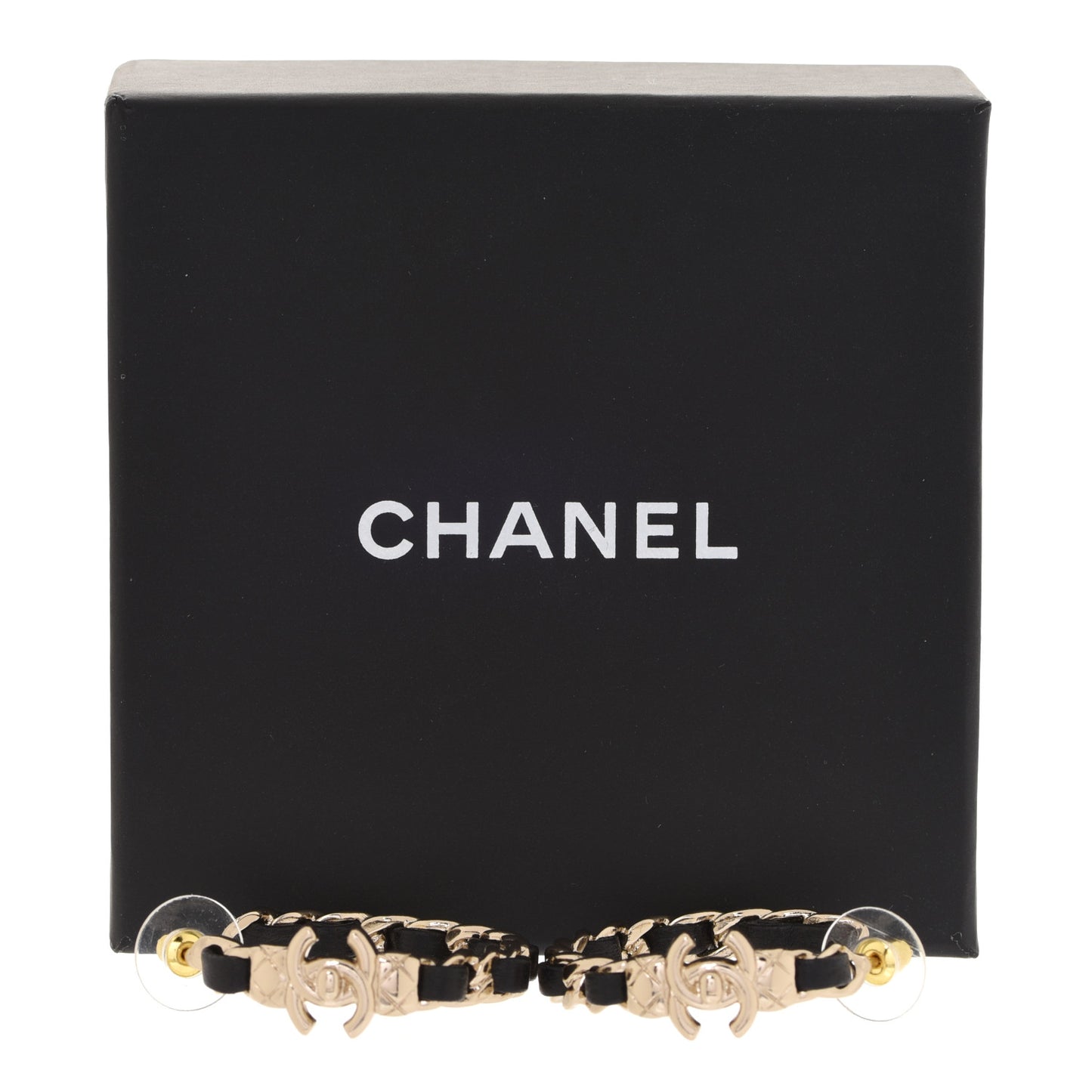 Metal Lambskin Quilted CC Turnlock Chain Hoop Earrings Gold Black