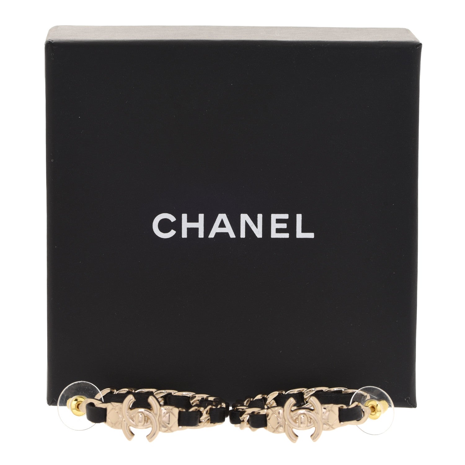 Chanel Metal Lambskin Quilted CC Turnlock Chain Hoop Earrings Gold Black 5 of 5