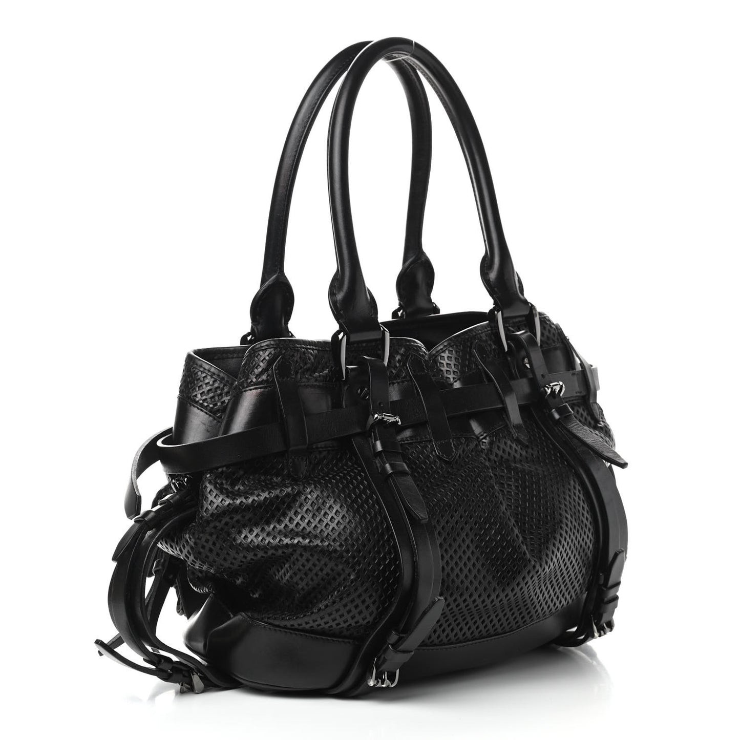 Perforated Calfskin Belted Bag Black