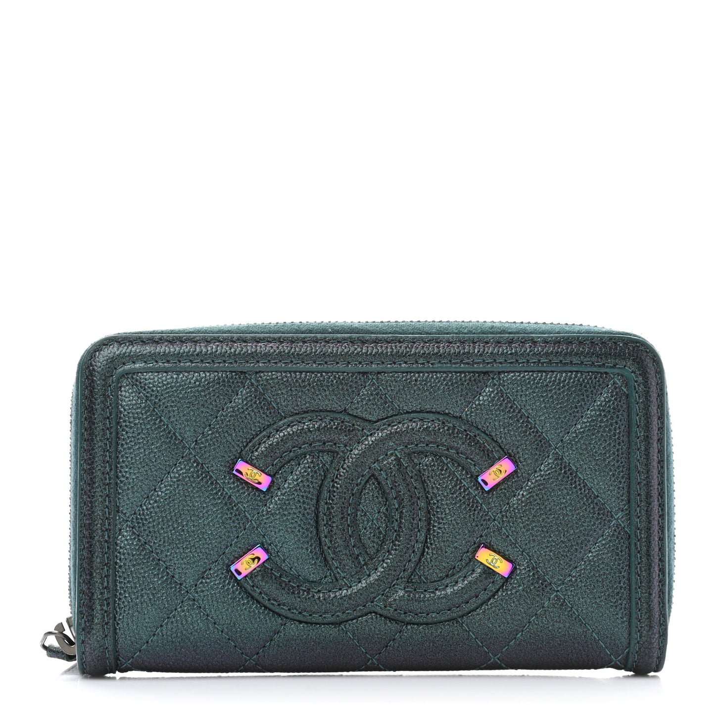 Iridescent Caviar Quilted Medium Filigree Zip Around Wallet Dark Turquoise