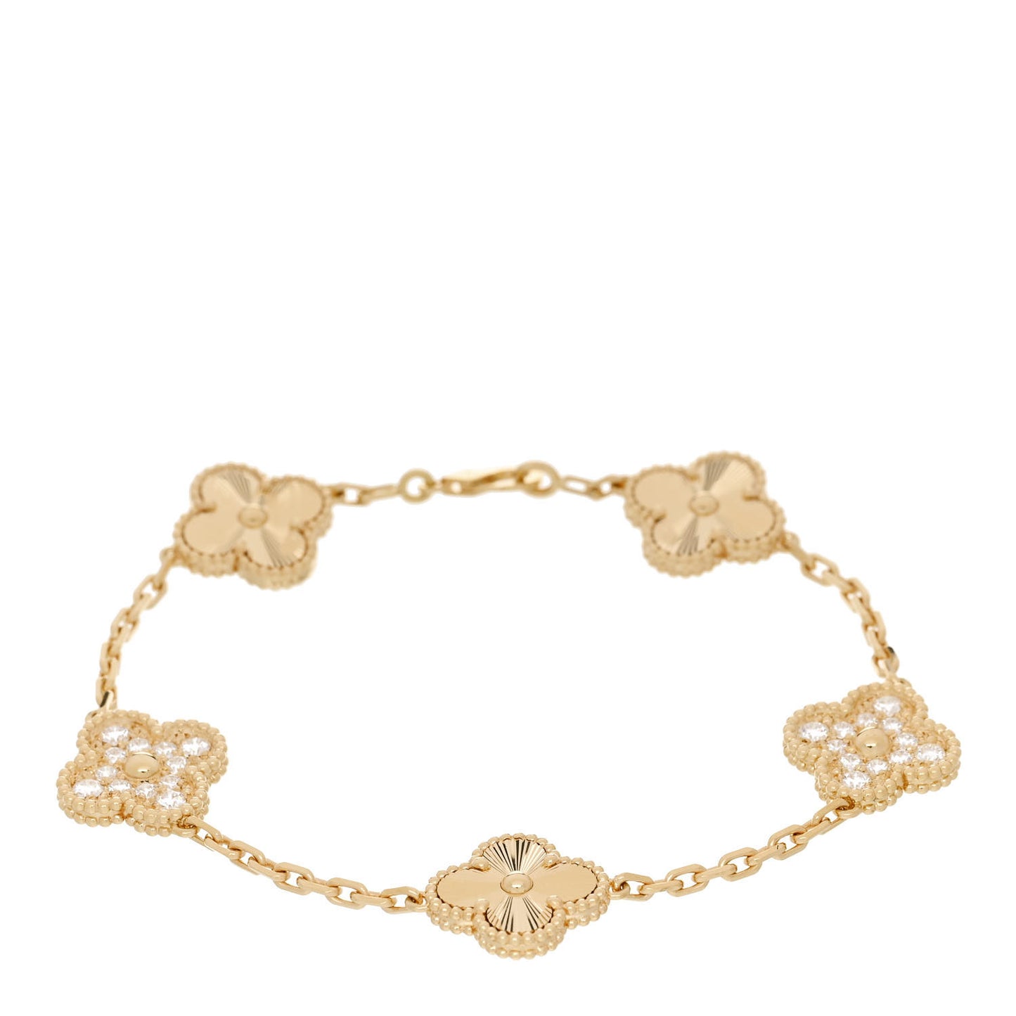 18K Yellow Gold Diamond 5 Motifs Guilloche Vintage Alhambra Bracelet