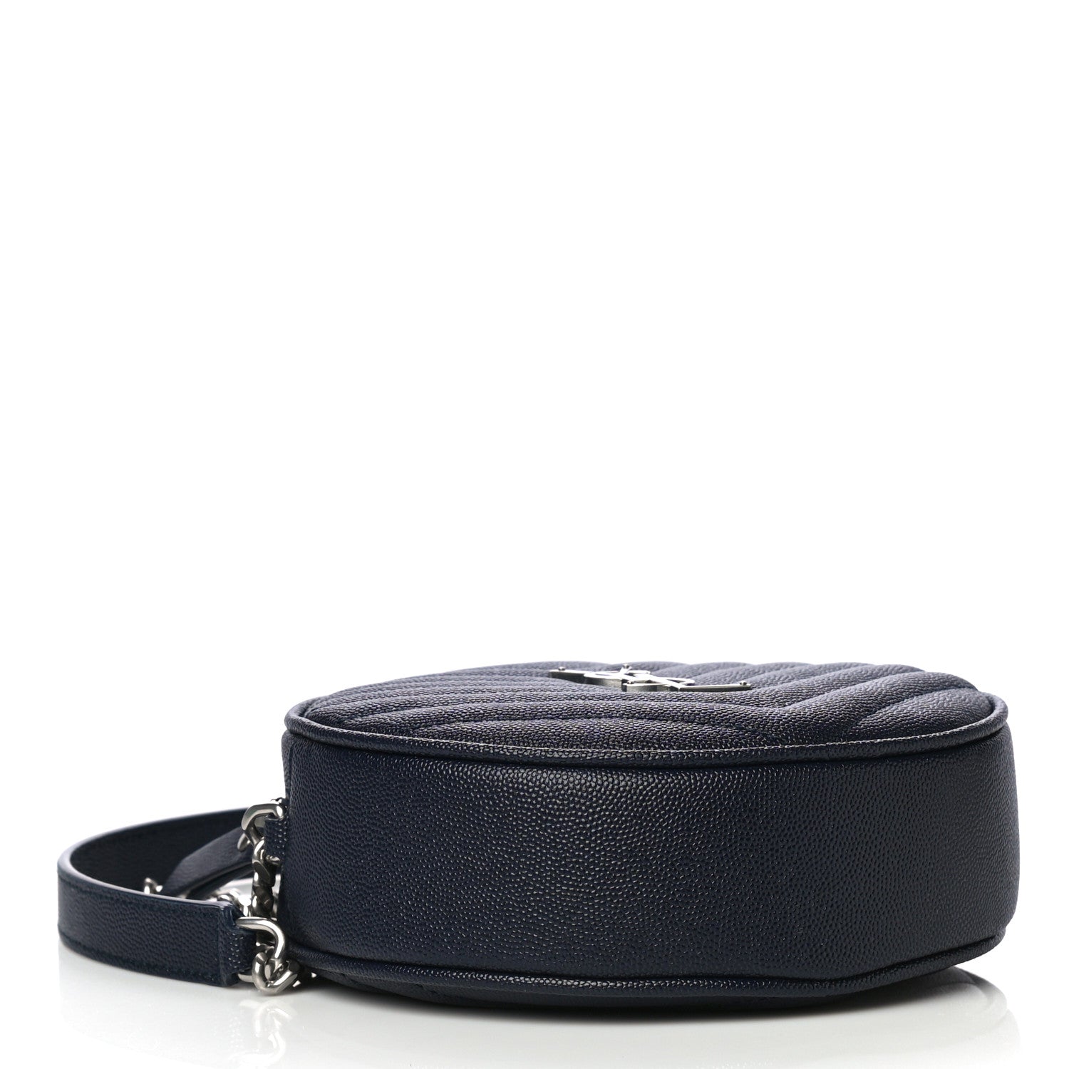 Saint Laurent Grain De Poudre Matelasse Chevron Quilted Round Vinyle Camera Bag Deep Marine 7 of 8