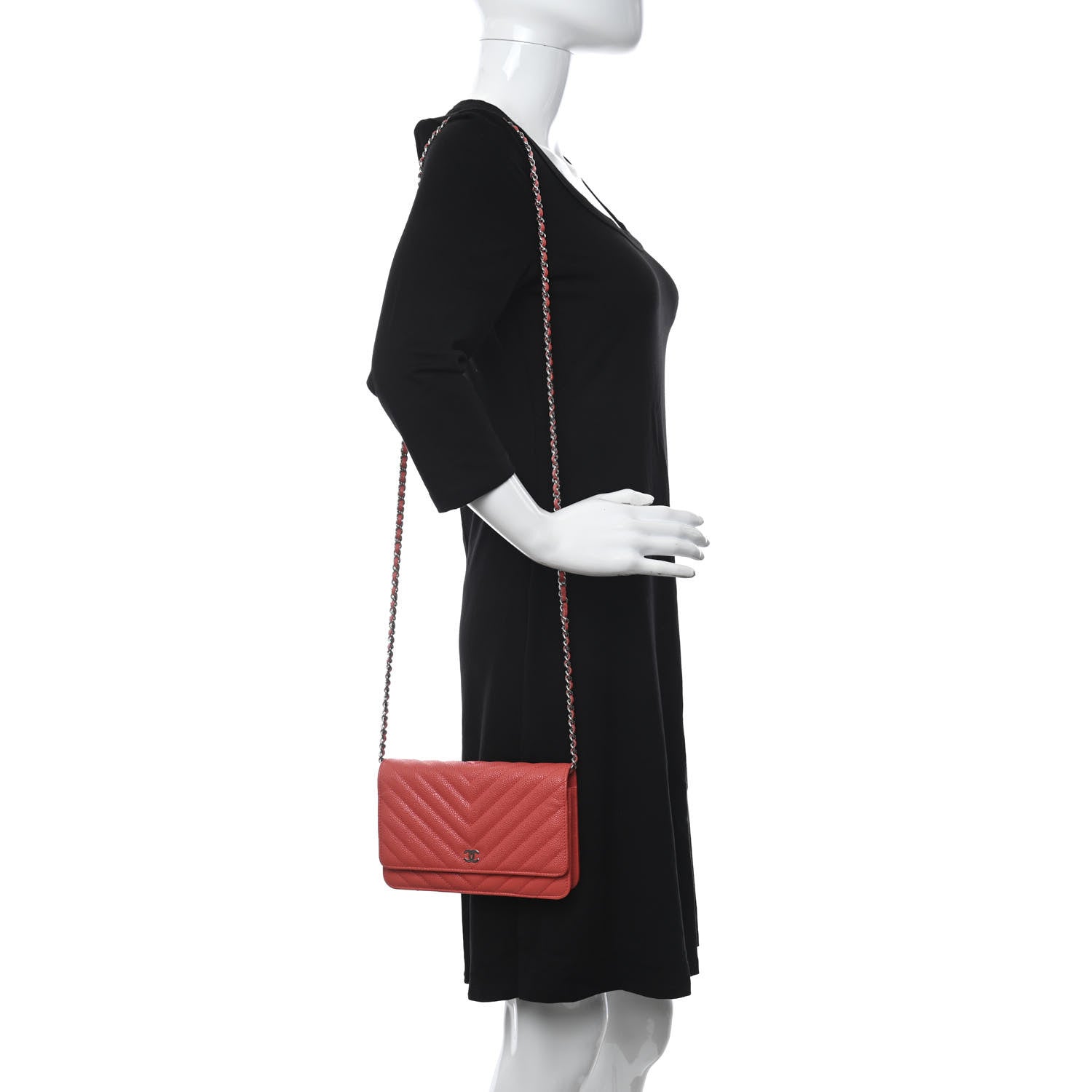 Chanel Caviar Chevron Quilted Wallet On Chain WOC Coral 3 of 11