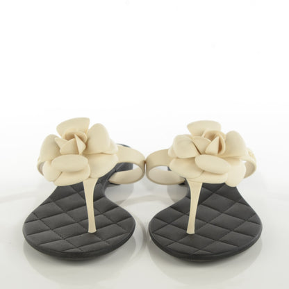 Chanel Jelly Quilted Camellia Thong Sandals 40 Black White 2 of 7