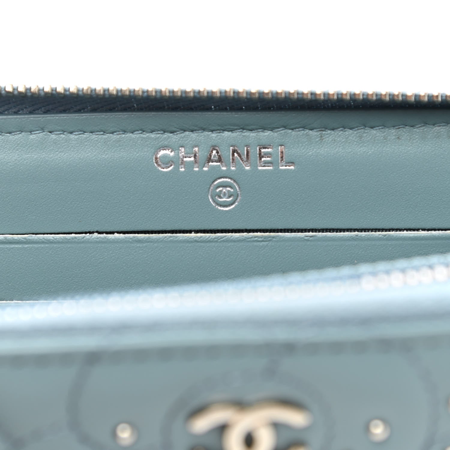 Chanel Lambskin Camellia Embossed Studded Medium Zip Around Blue 6 of 9