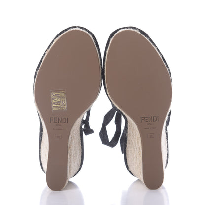 Fendi Canvas FF Embroidered Roma Ankle Wrap Espadrille Wedges 38 Black 6 of 9