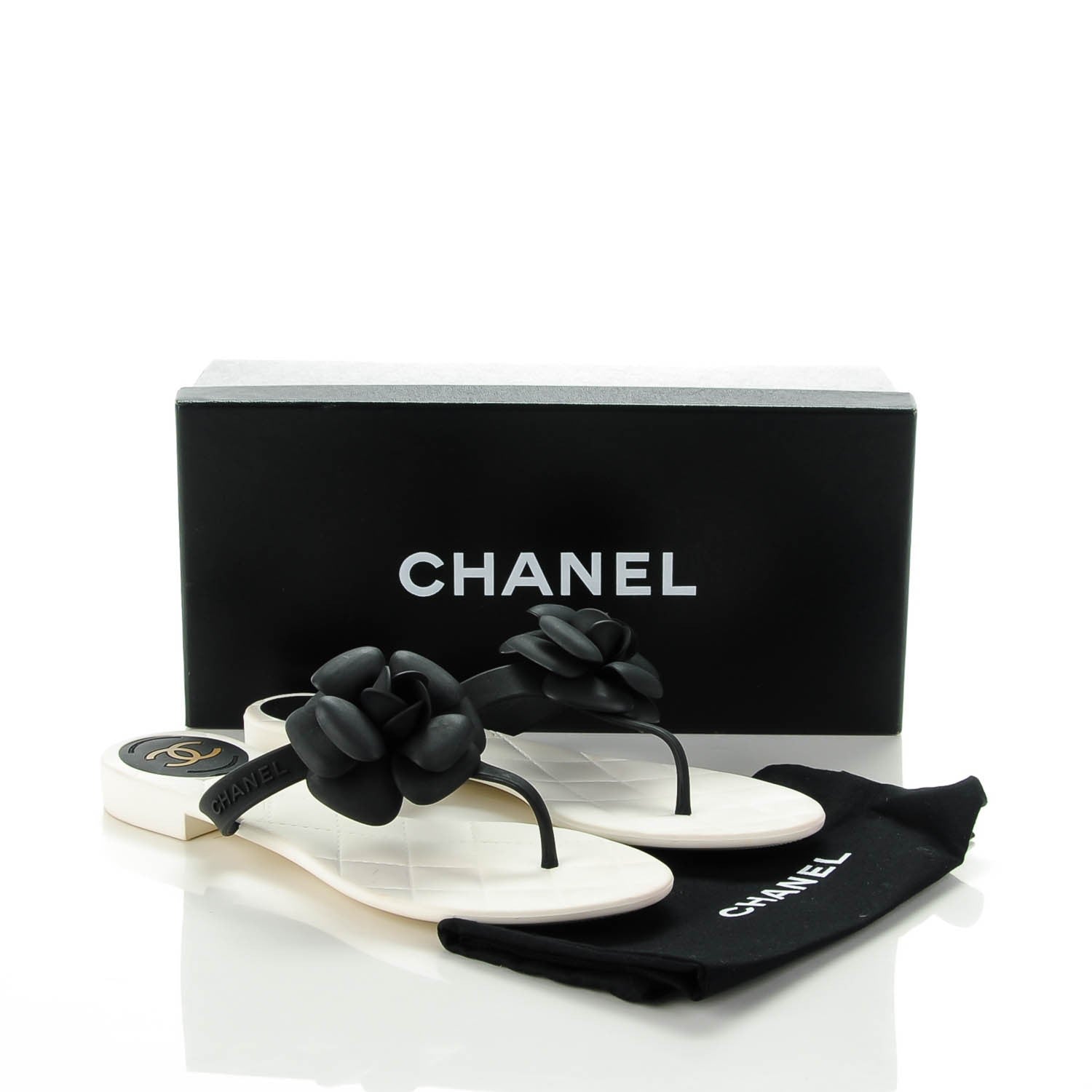 Chanel Jelly Quilted Camellia Thong Sandals 39 Black White 7 of 7