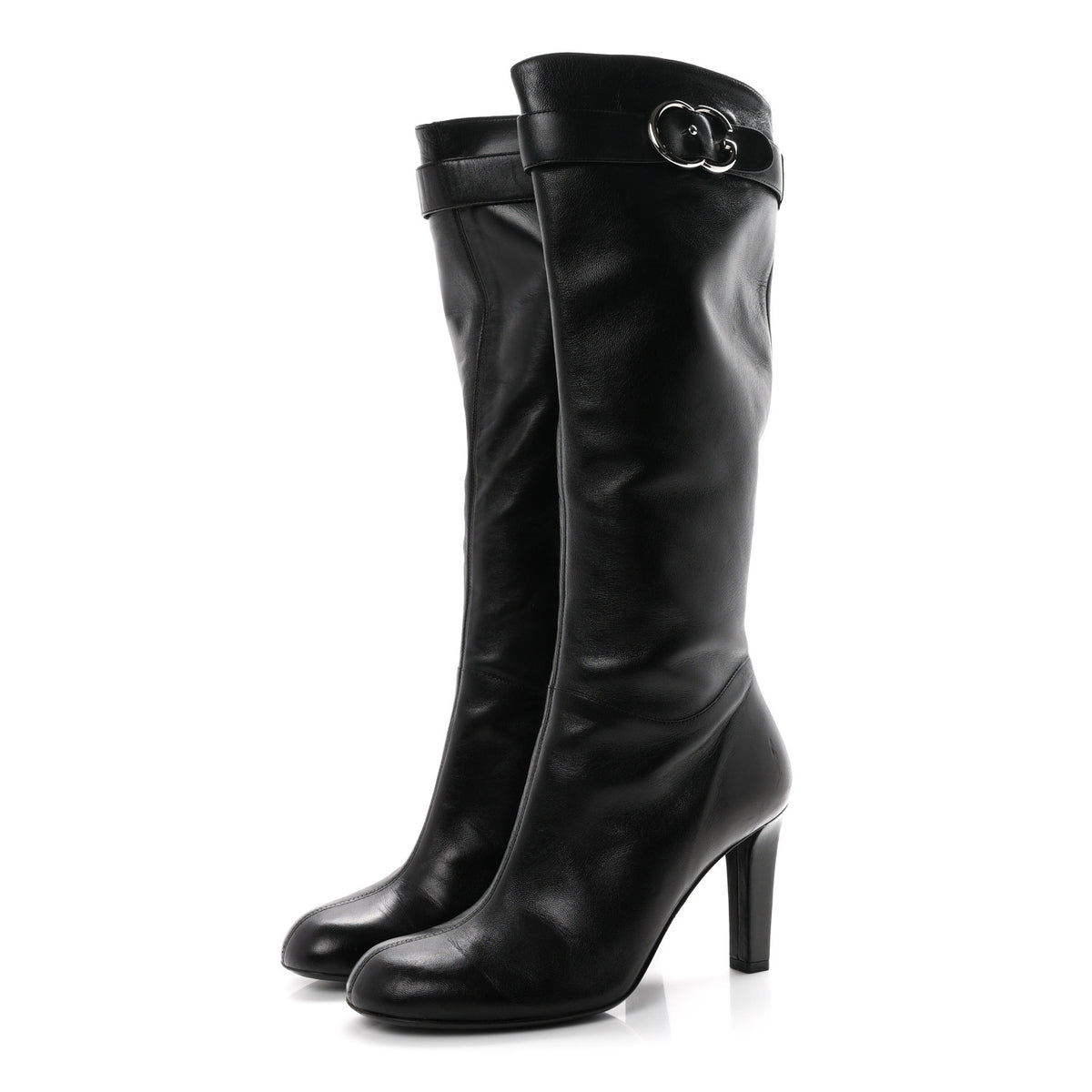 Calfskin Knee High Horsebit Crystal Heel Boots 38 Black