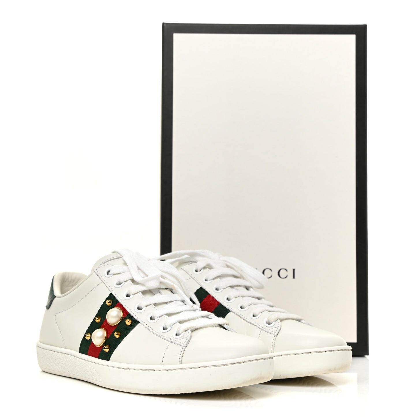Calfskin Web Pearl Studded Womens Ace Sneakers 35 White