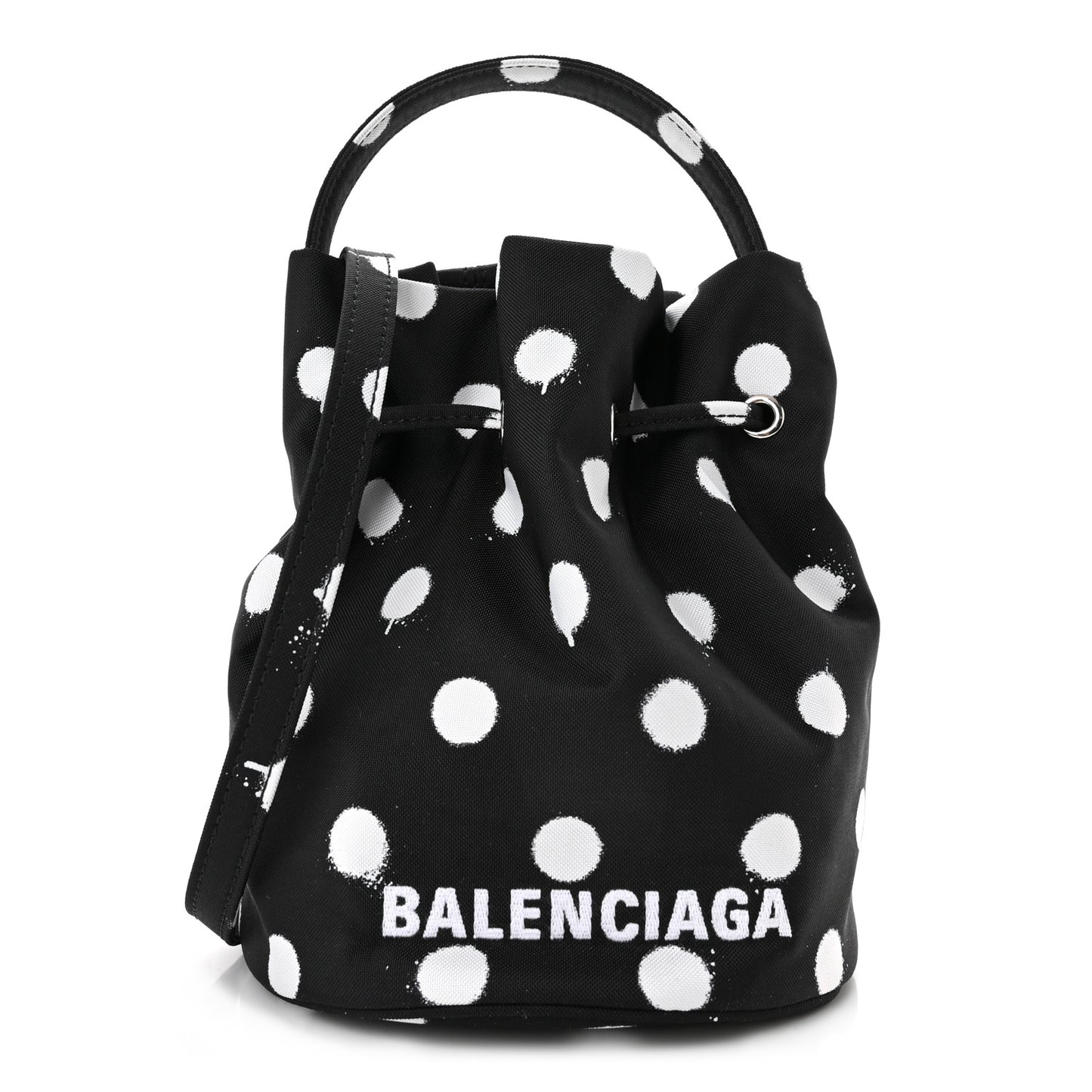 Recycled Sport Nylon Polka Dot Logo Embroidered Wheel Drawstring Bucket Bag Black White