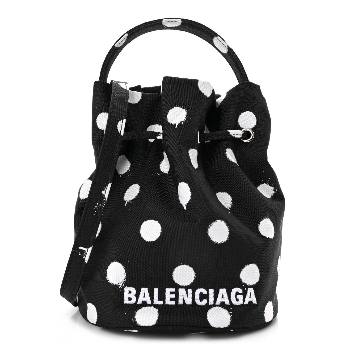 Balenciaga Recycled Sport Nylon Polka Dot Logo Embroidered Wheel Drawstring Bucket Bag Black White 1 of 10