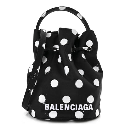Balenciaga Recycled Sport Nylon Polka Dot Logo Embroidered Wheel Drawstring Bucket Bag Black White 1 of 10