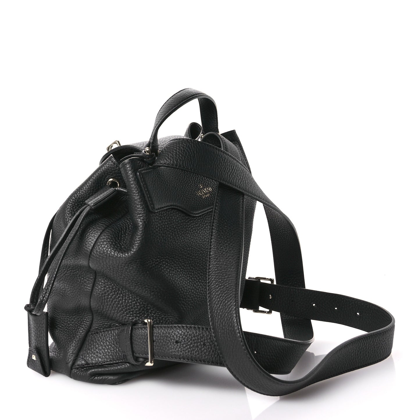 Pebbled Calfskin Rockstud Drawstring Backpack Black